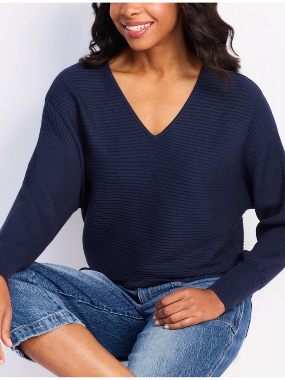 Classic Ribbed V-Neck Sweater in Navy